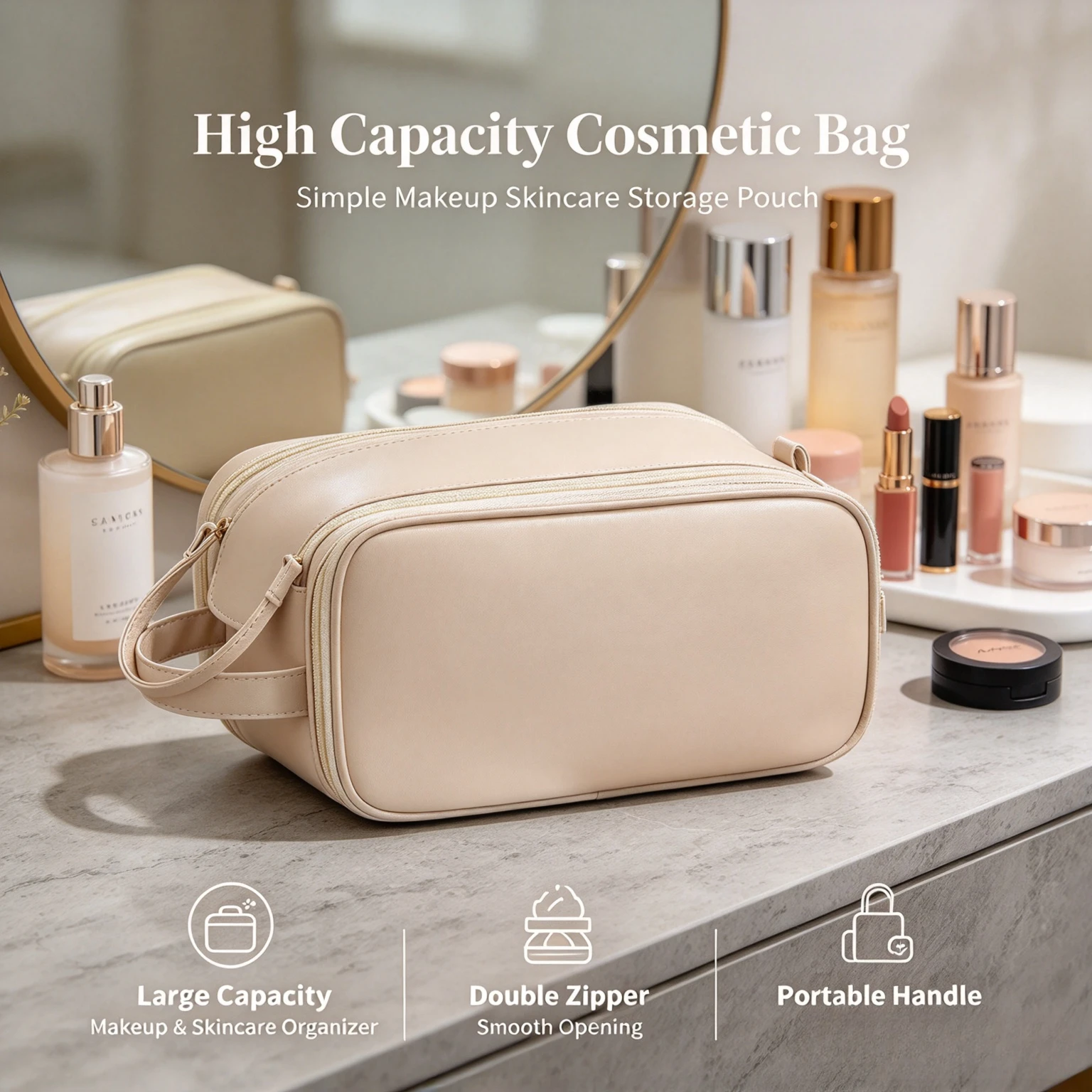 High Capacity Cosmetic Bag Simple Makeup Skincare Storage Pouch Portable Travel Handbag Aesthetic Toiletry Organizer