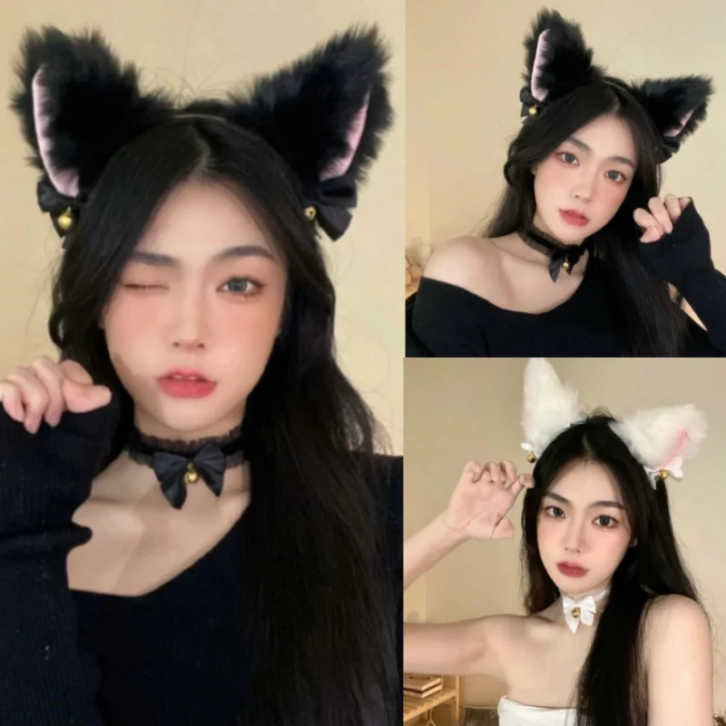 

Набор из 2 предметов: повязка на голову с кошачьими ушками и кружевным бантом с колокольчиком, ожерелье. Милый мультяшный плюшевый головной убор в стиле Лолита для женщин и девочек, реквизит для косплея и вечеринок.