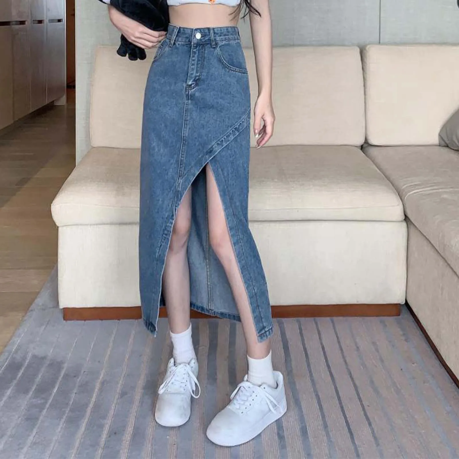 

Elegant High Waisted Denim Skirt For Women Summer Fashion Asymmetrical Split Hem Slimming Midi Jean Skirt Chic Streetwear