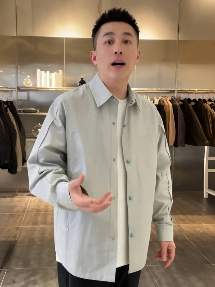 Spring Summer Lightweight Embroidered Structure Turquoise Button Flip Collar Shirt Jacket Men's Fashion Loose Versatile Outer...