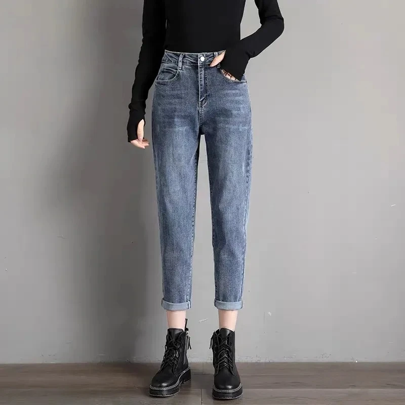 

Women Spring Autumn Annals Fashion Loose Fitting High Waisted Nine Points Hole Jeans Female Appear Thin Radish Harun Dads Pants