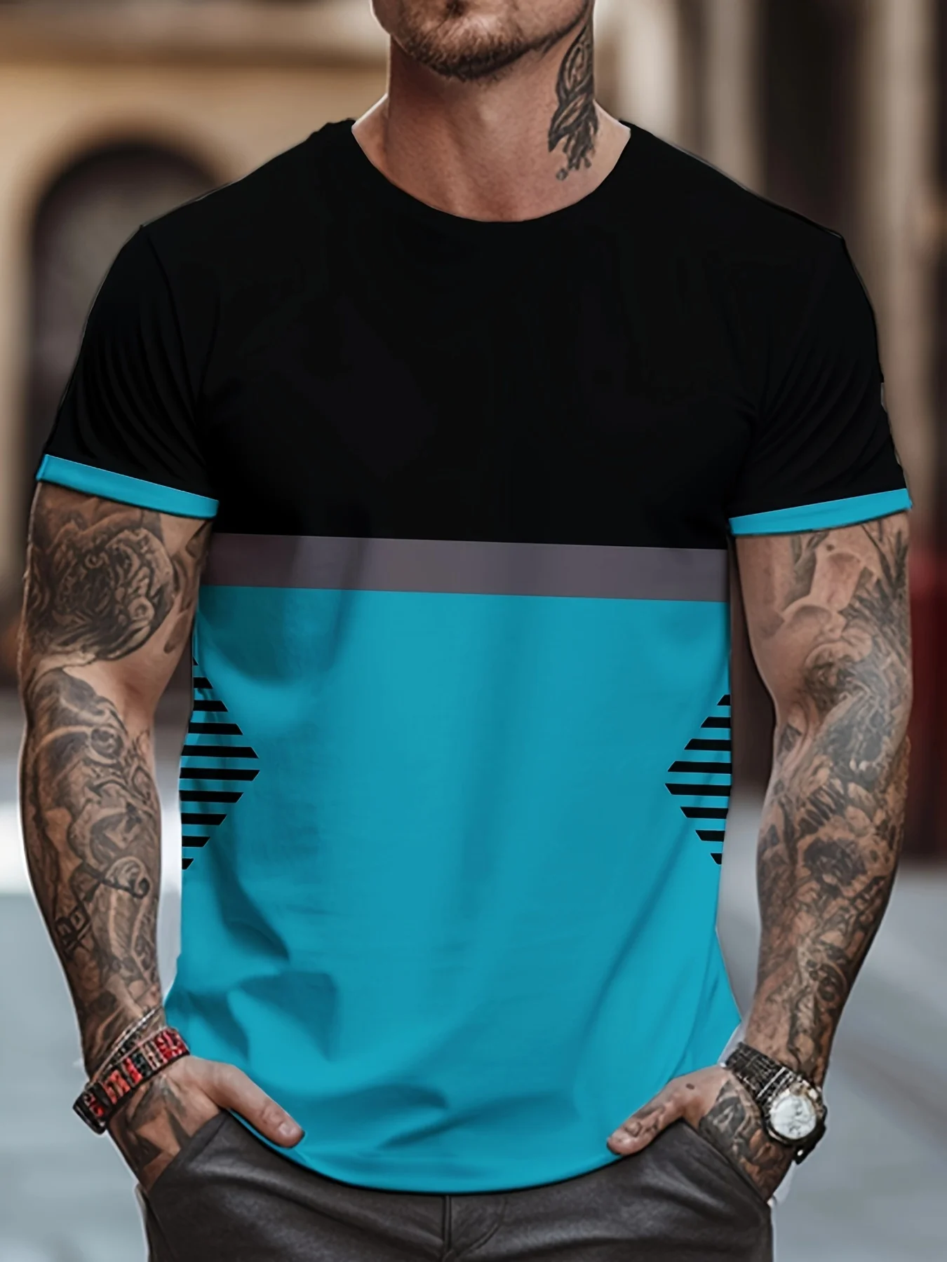 Men Black Cyan Color Block T‑Shirt Grey Horizontal Stripe Geometric Side Print Crew Neck Short Sleeve Tops