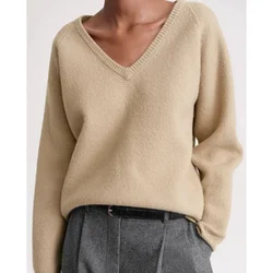 TT-Women's Loose Sweater, Wool Pullover, V-Neck, Full Sleeve, Casual, Elastic, Loose, High Quality, Autumn, Winter, Minimalism