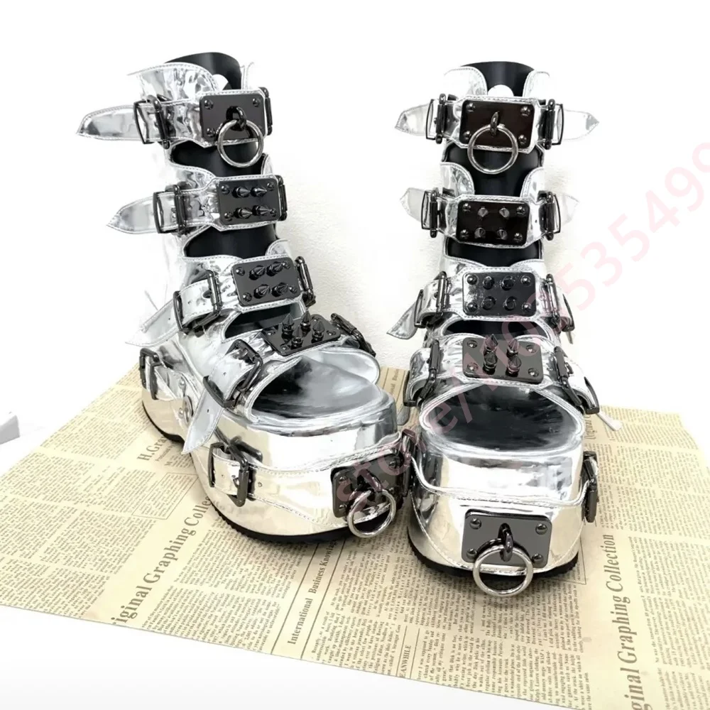 Women Silver Metallic Platform Gladiator Sandals Multi Buckle Strap Spike Metal Ring Open Toe Gothic Punk Chunky High Heel Shoes