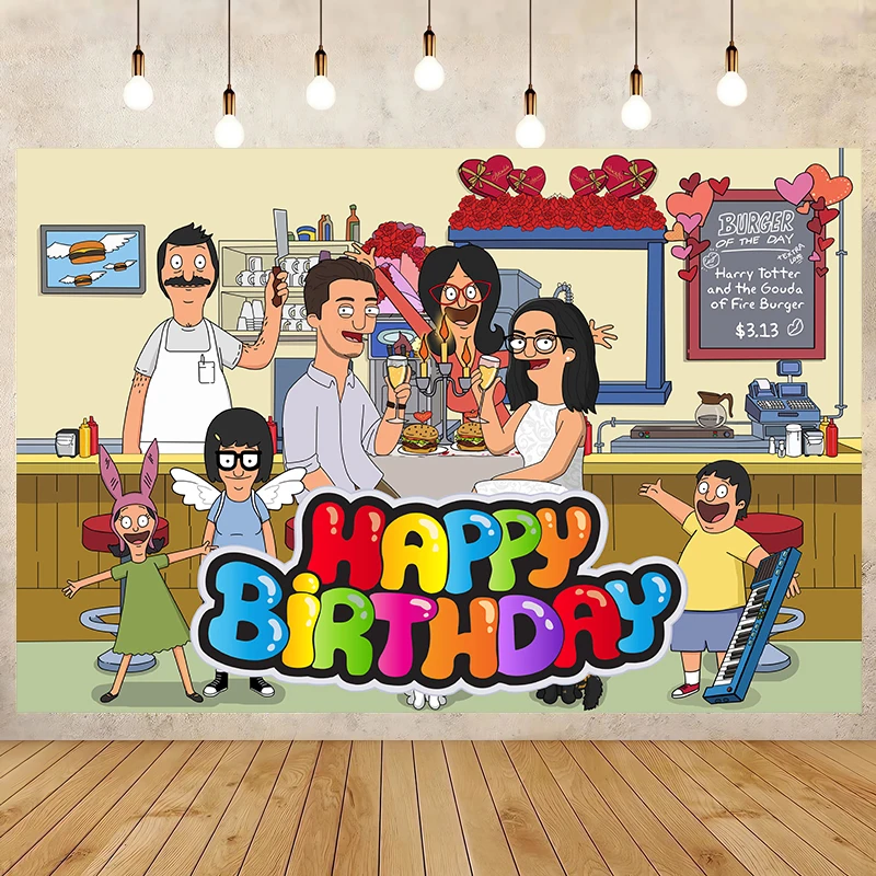 

Cartoon Anime Bobs Burgers Happy Birthday Banner Backdrop Kids Party Photography Background Poster Wall Art Outdoor Home Decor
