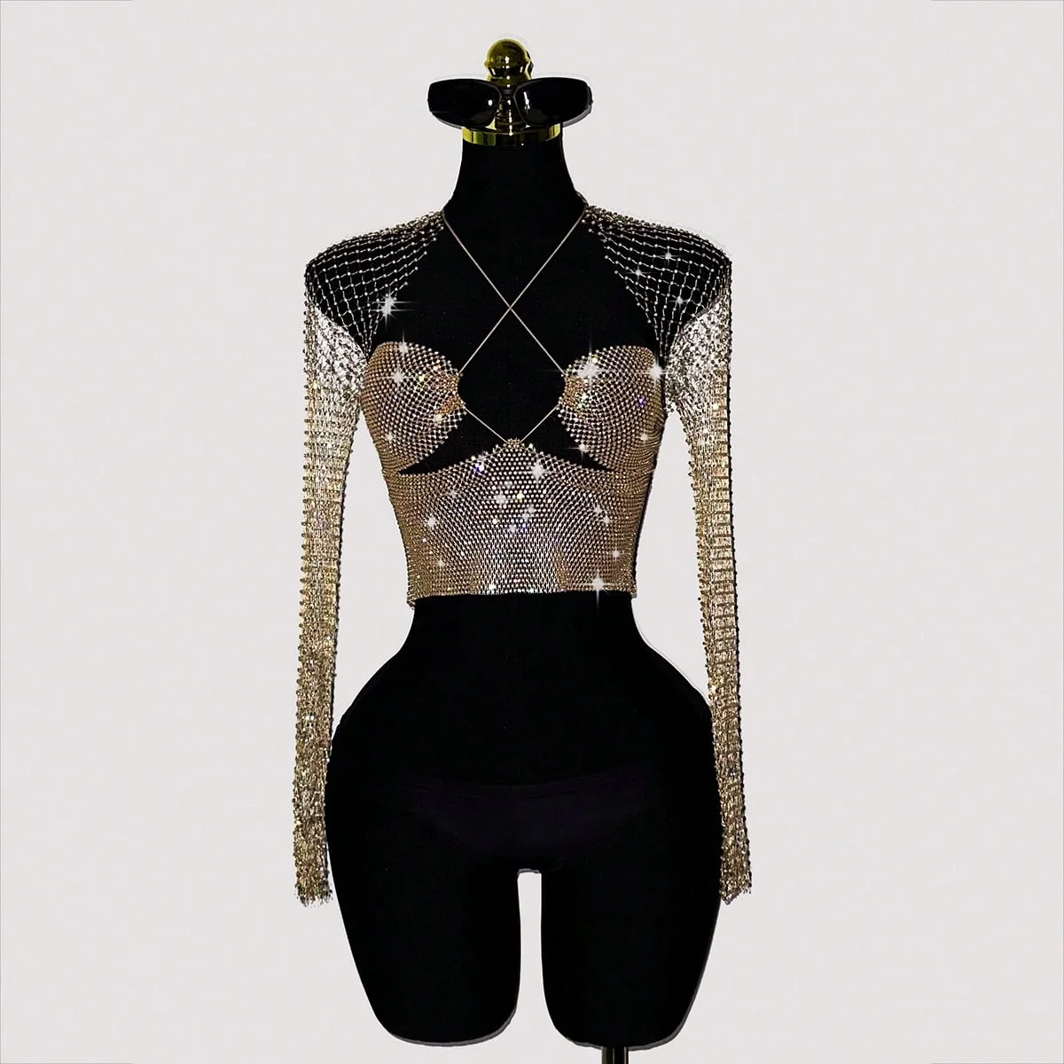 Glitzerndes Strass-Langarm-Crop-Top für Damen, sexy Kristall-Mesh-Fischnetz-Rückenfreies T-Shirt, Party-Club-Rave-Festival-Outfit