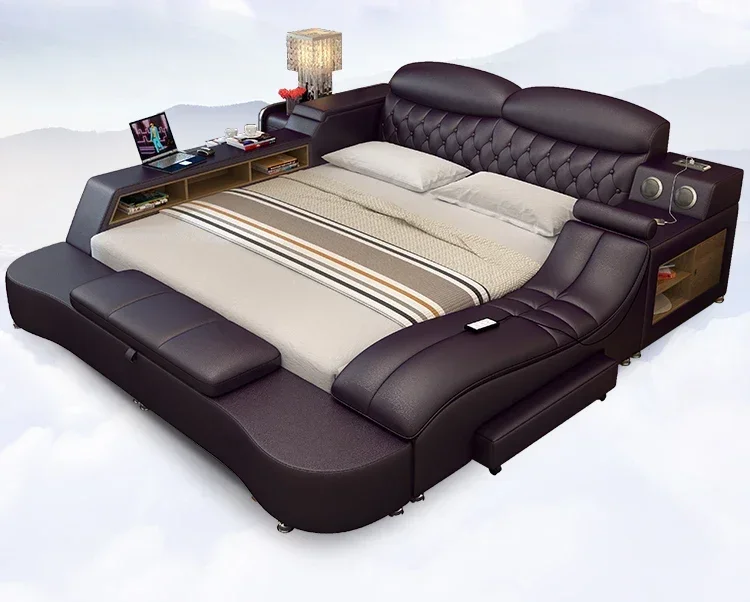 Premium Tech Smart Multifunctional Bed Frame with Genuine Leather, Bluetooth Speaker