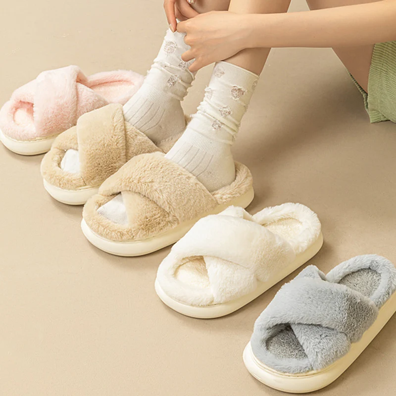 Lucyever Winter Cross Band Plush Slippers Women Solid Color Open Toe Platform Fuzzy Slides Woman Cozy Warm Home Slipper Shoes 45