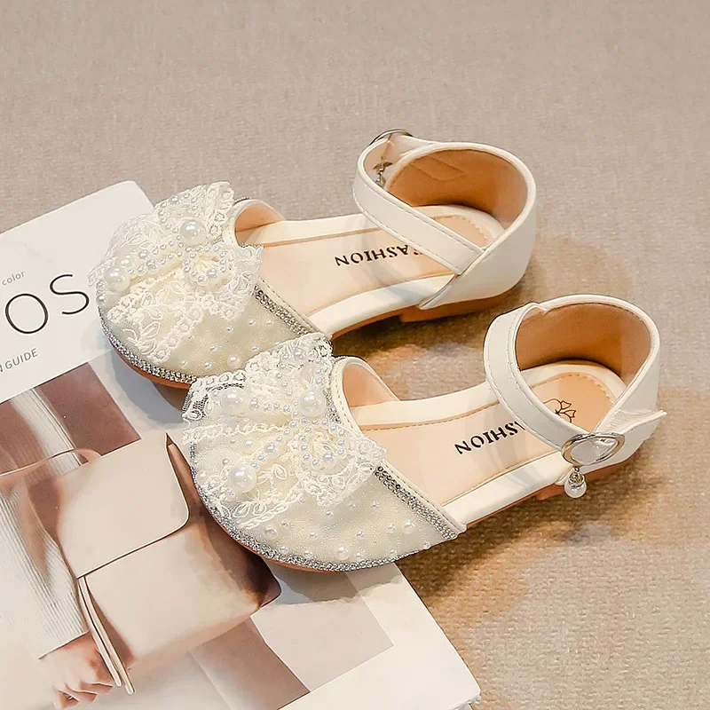 Girls Princess Shoes Toes Capped Elegant Kids Sandals Mesh Lace Bow 2025 New Children Dance Shoes for Wedding Dress Flats Sweet