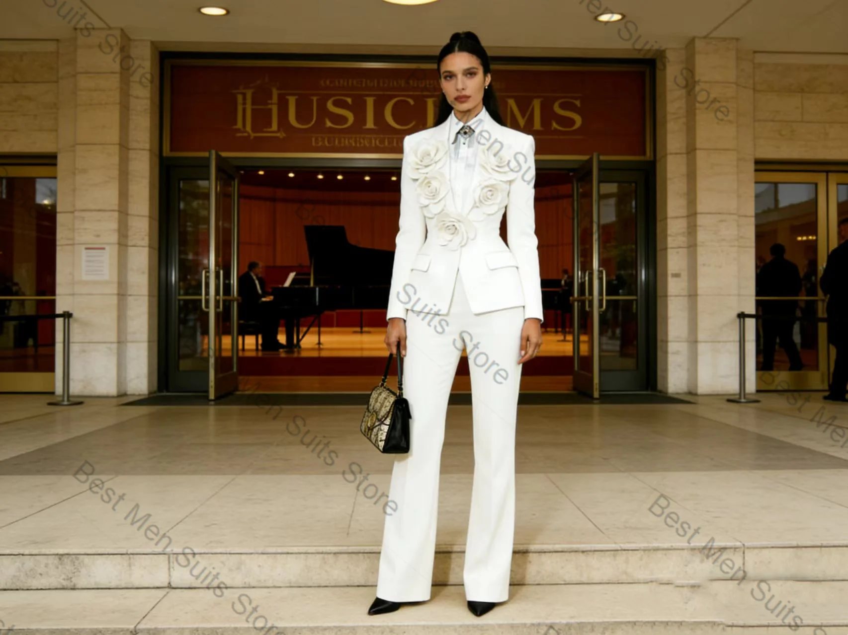 

White Women Suit Set 2 Pcs Blazer Pants Trousers Cotton 3D Flower Formal Office Jacket Customized Wedding Tuxedo Guest Coat