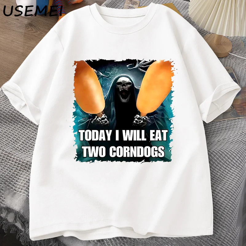 Evil Skeleton Meme T Shirt Women Men Today I Will Eat Two Corn Dogs Tshirt Oversized Cotton Short Sleeve T-shirt Unisex