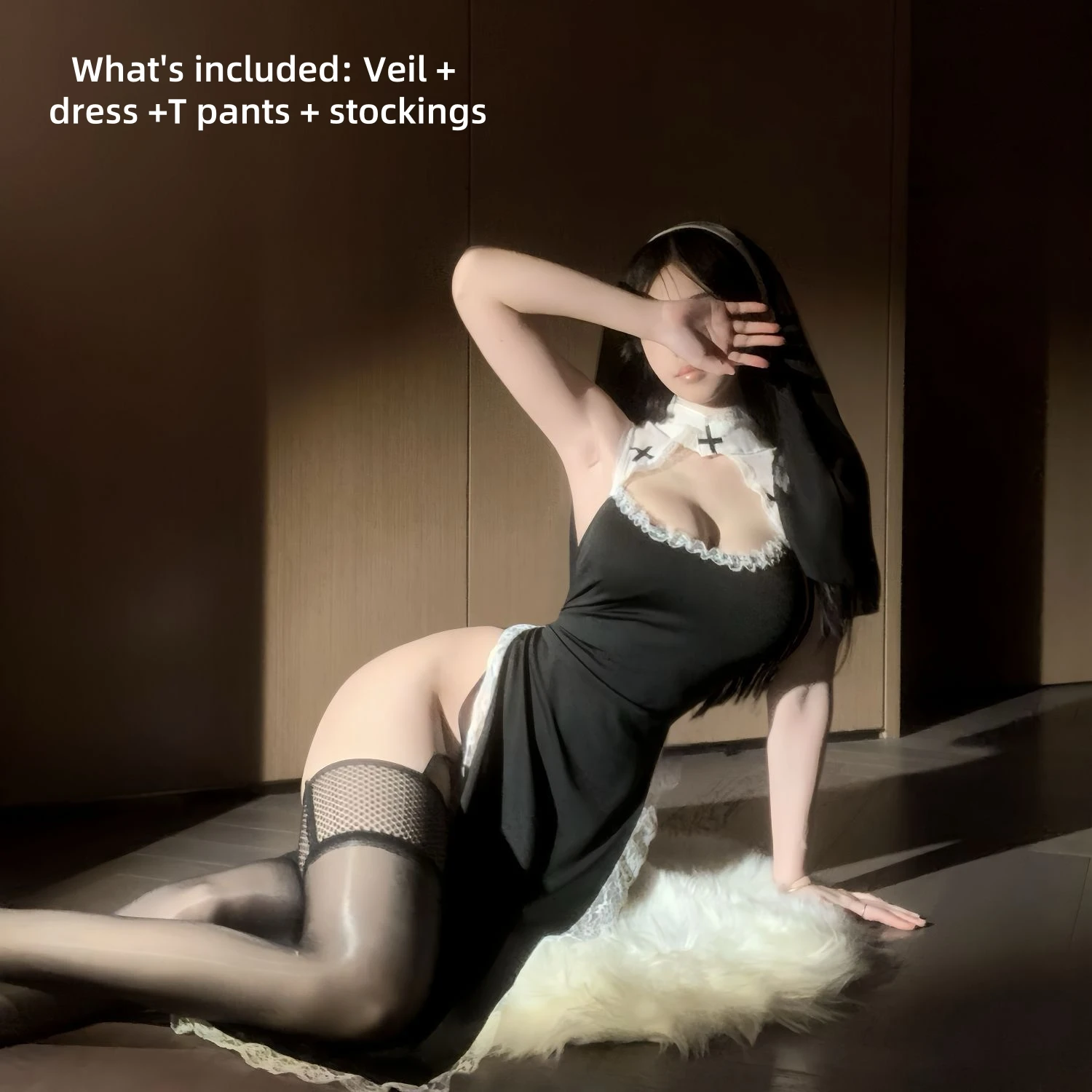 ชุดชั้นในเซ็กซี่เซ็กซี่ชุดแม่ชี cos เย้ายวนชุดคู่เจ้าชู้ pure desire high slit lace cutout ชุด L60