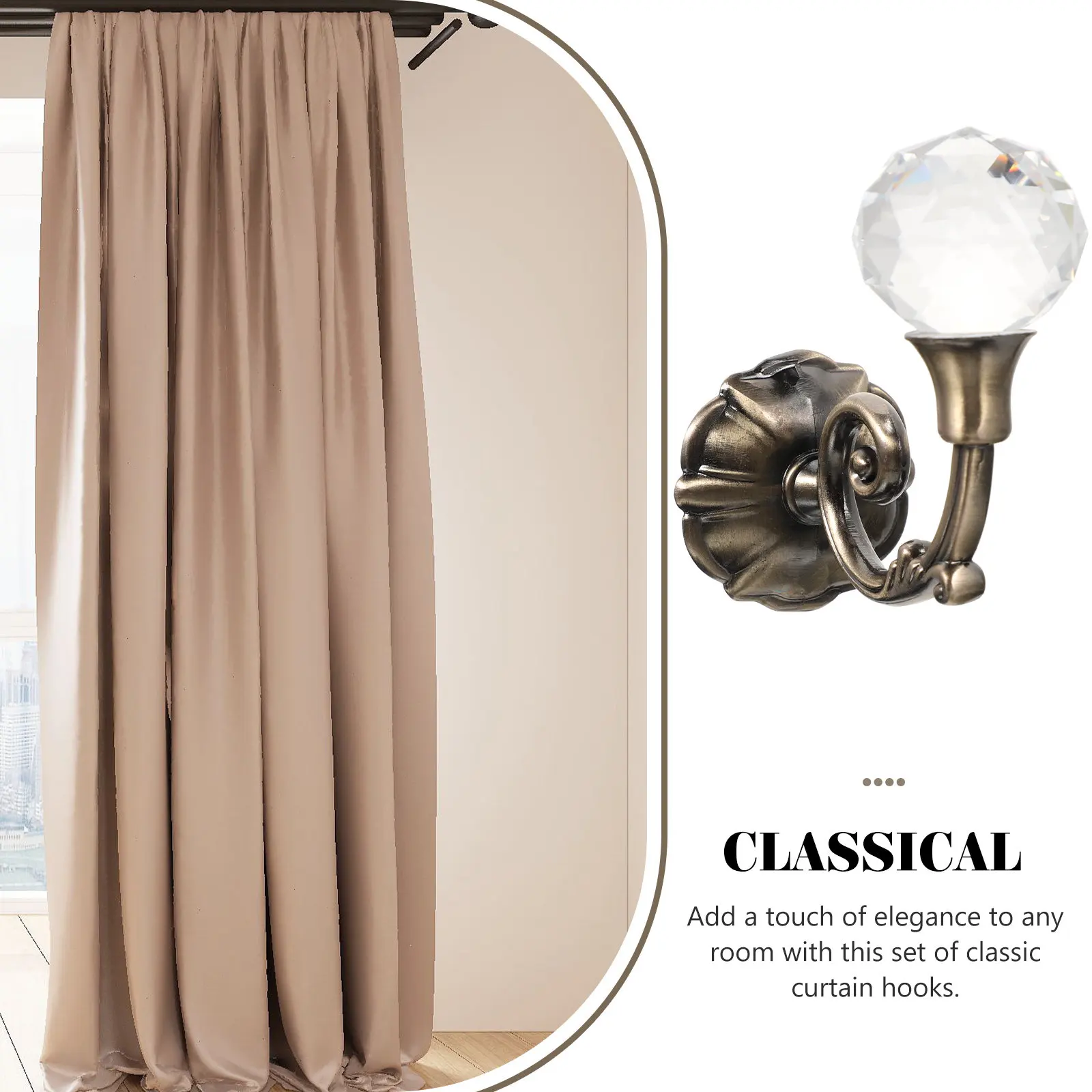 Elegant Vintage Crystal Ball Drapery Hooks Pair Brass Finish Curtain Holdbacks for Windows Walls Clothes Hats Home Decor