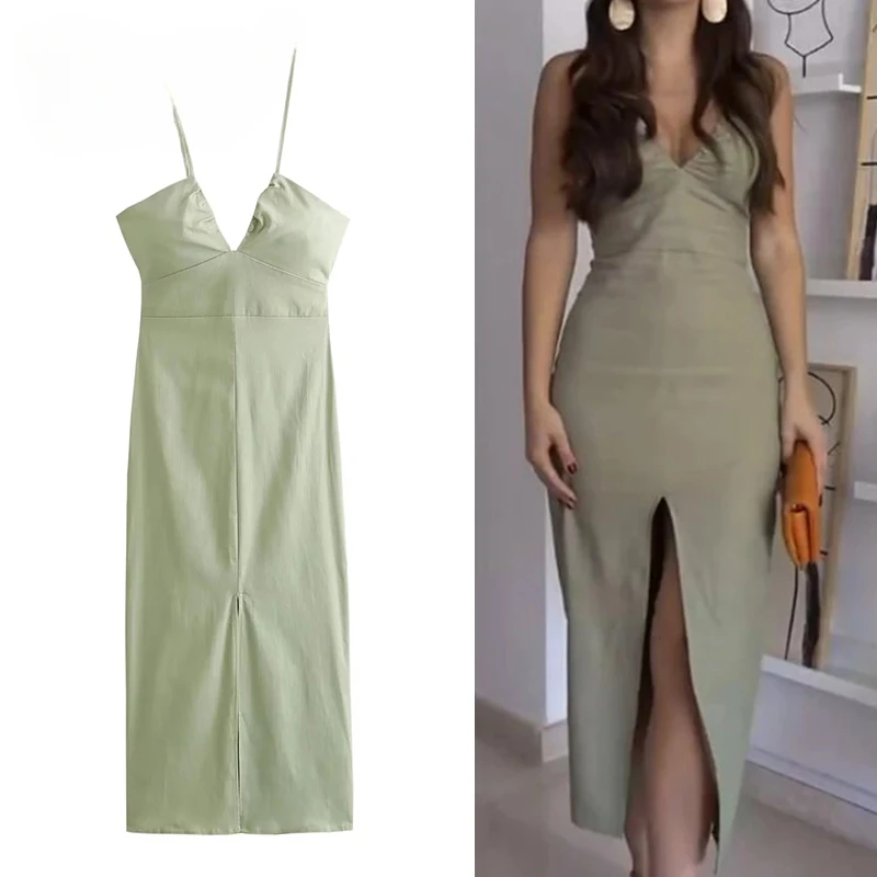 BWQ 2024 vestido Midi verde para mujer, vestido sin mangas con espalda descubierta, vestidos largos sexis de verano para mujer, vestidos de fiesta de noche con abertura