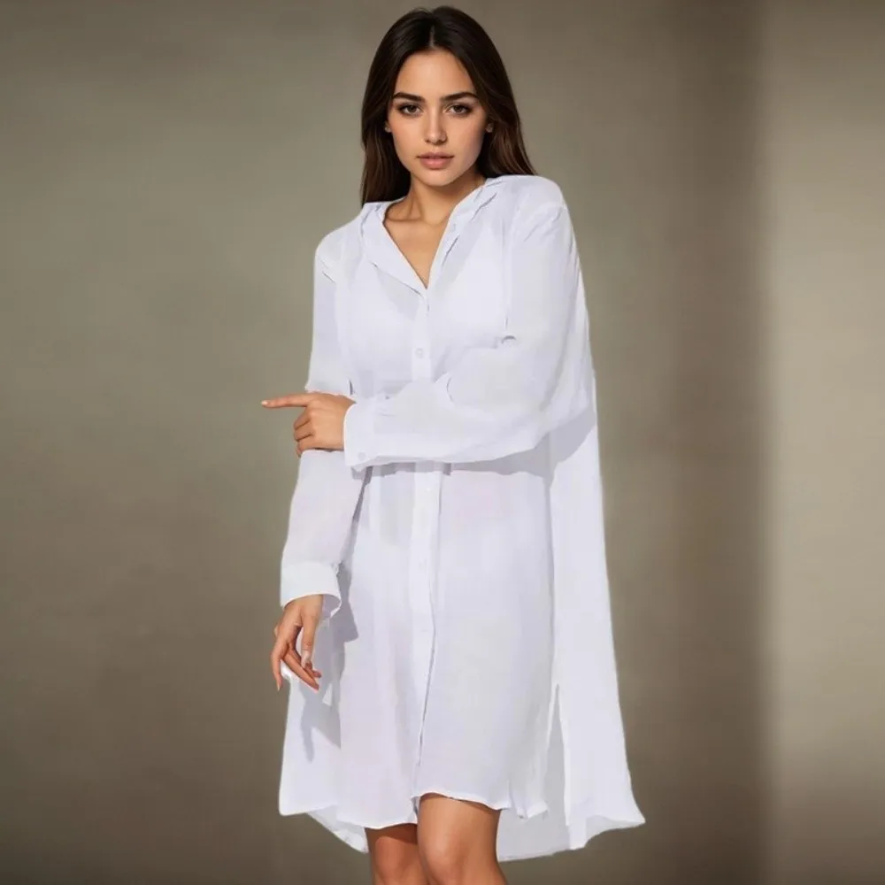 

Summer Long Sleeve Button Down Tunic Dress Solid Color Oversized Blouse Tops Beach Bikini Cover-up Vacation Outfit