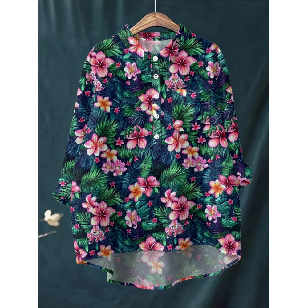 Tropical Plumeria Blouse Vintage Floral Casual Women's Shirt Loose Long Sleeve Half-Button Colorful Bubble Crepe Material Top
