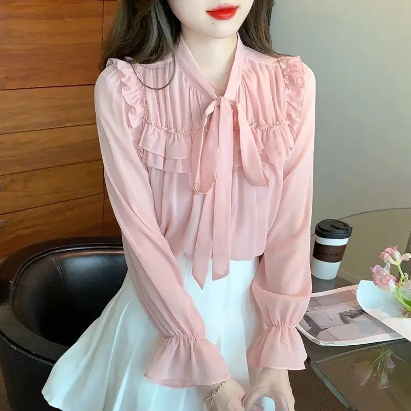 White Shirt Women\'s New Style Ribbon Chiffon Top Long Sleeved Butterfly Tie Tied French Style Small Shirt