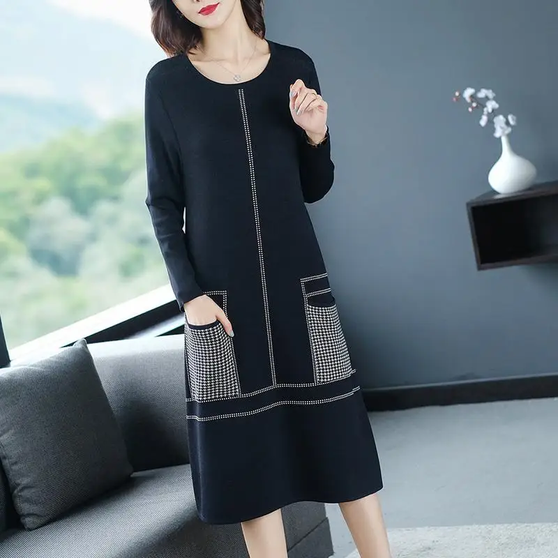Vrouwen Breien Jurk 2022 Nieuwe Casual Lange Trui O-hals Knielange Patchwork Zakken Bodem Kleding Voor Office Lady Vestidos