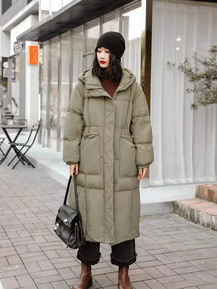 

Зимний длинный пуховик с большим карманом и капюшоном, белый утиный пух, пуховик на шнурке, теплая до колена, верхняя одежда Parker JJ1104