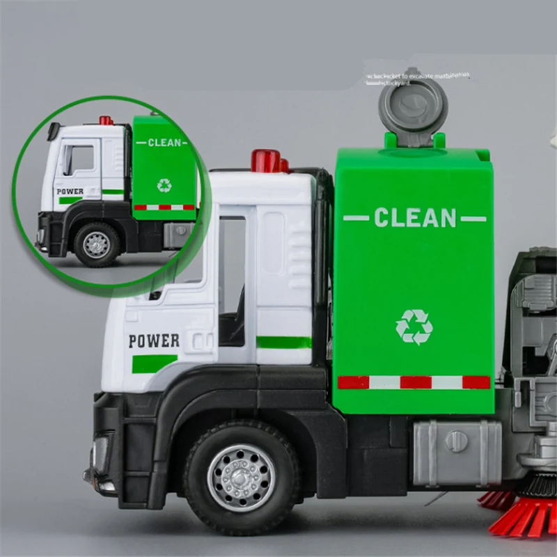 1/32 City Environmental Sanitation Sweeper Truck Car Model Metal Toy Garbage Cleaning Vehicles Model Sound and Light Kids Gifts