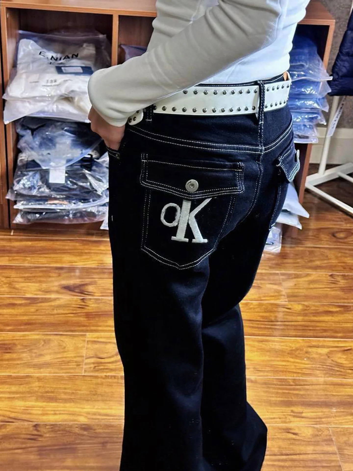 

American Style High Waist Slimming Versatile Women's Jeans Micro Flared Floor-Length Pants Embroidered Pockets Street Design