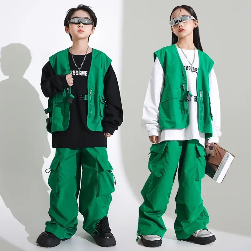 

Teen Boys Hip Hop Dance Costumes Green Suit Vest Tops Cargo Pants Jazz Performance Outfit Modern Kids Hiphop Clothing Stage Wear