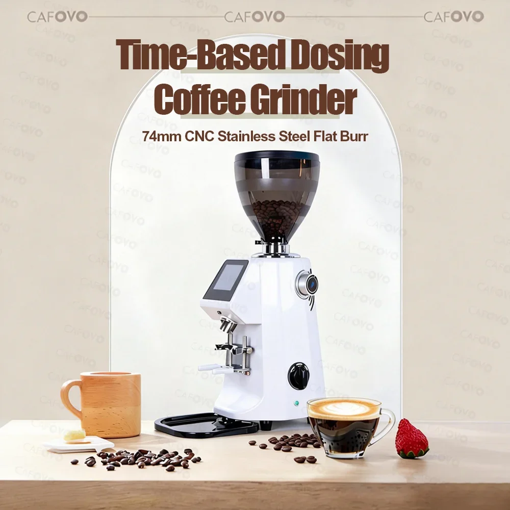 CAFOVO G174F Commercial Time-Based Dosing Grinder with 74mm Flat Burr Anti-Static Chute Touch Start for Espresso and Cafe Use