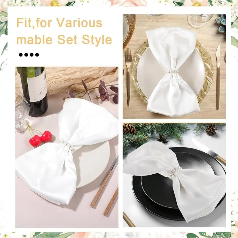 CQMF-60Pcs Pearl Napkin Rings Imitation Pearl Beaded Rhinestone Napkin Ring Holder Napkin Rings Serviette Napkin Rings