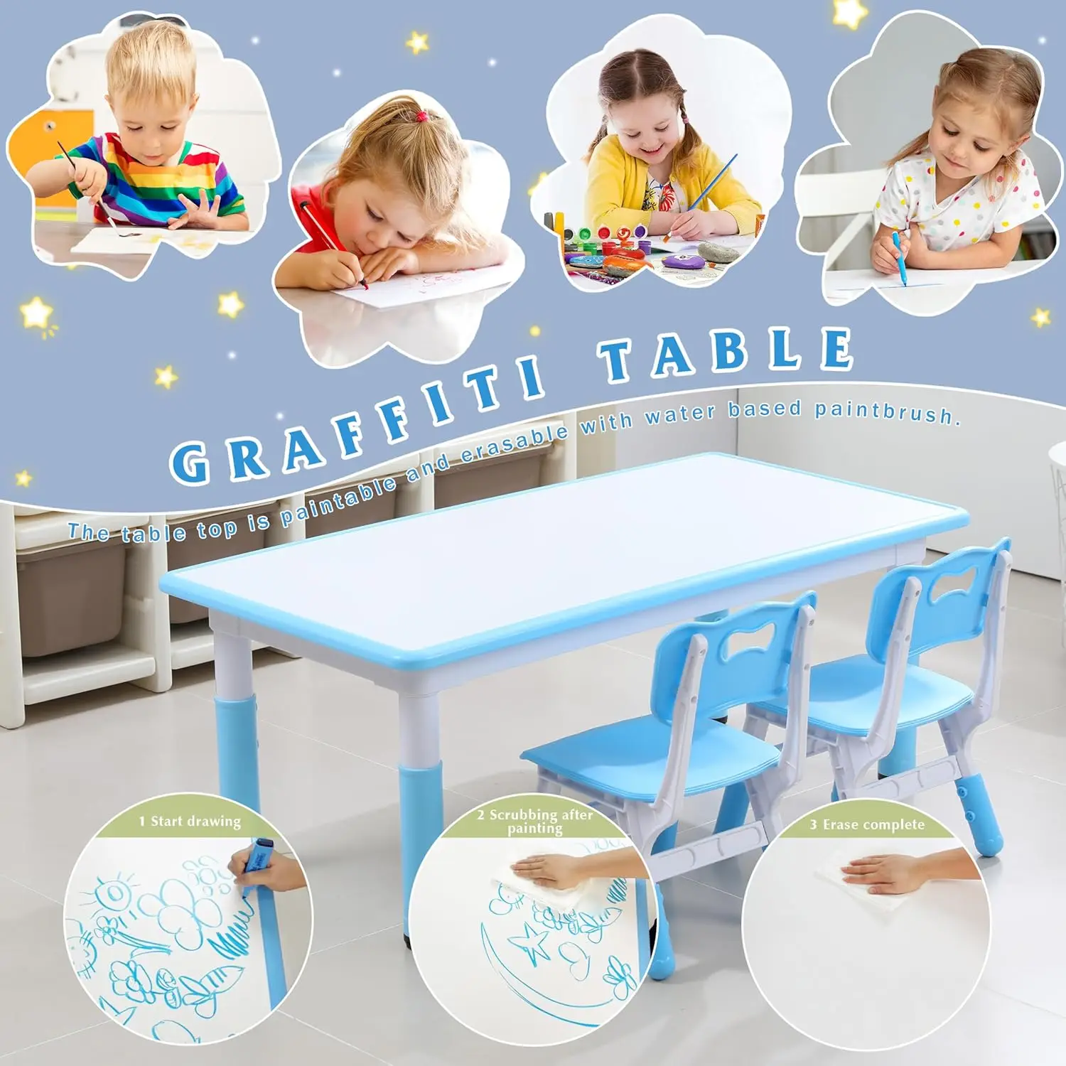 and 6 Chairs Set with Graffiti Desktop, Toddler Furniture Set, Non-Slip, Table Children Study Desk, Dining Table, Height Adjusta