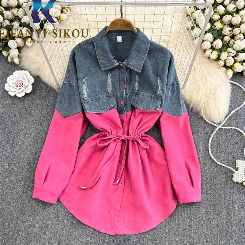 

Spliced Denim Shirt Coat Women Spring Autumn Loose Lapel Long Sleeve Shirts Jacket Lace Up Fashion Casual Blouses Female