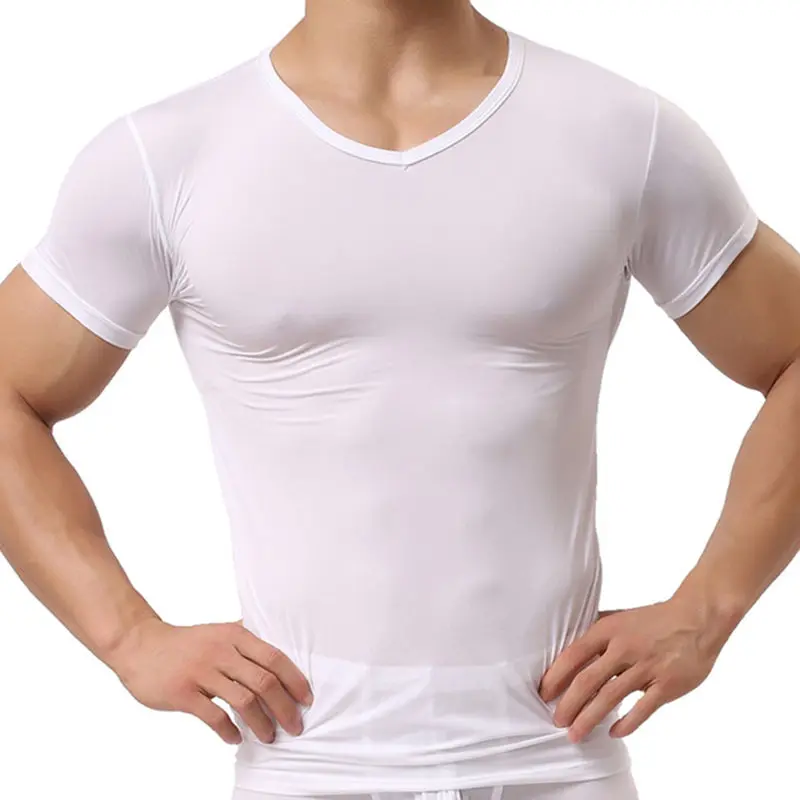 Sexy Mens Undershirts Ice Silk Soft T Shirts Male Short Sleeve Basic T-shirts Fitness Sport Tops Home Underwear Sexy Men Clothes