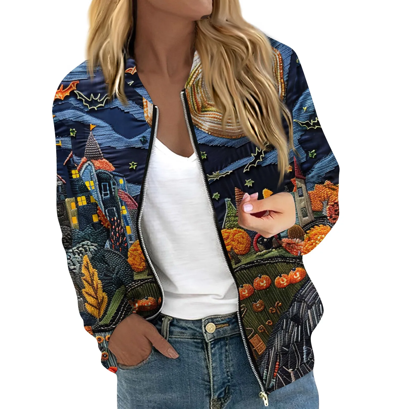 Women\'s Halloween Print Jacket Fashion Casual Long Sleeve O-Neck Zipper Jackets Top Fall all-match coat Women\'s autumn clothes