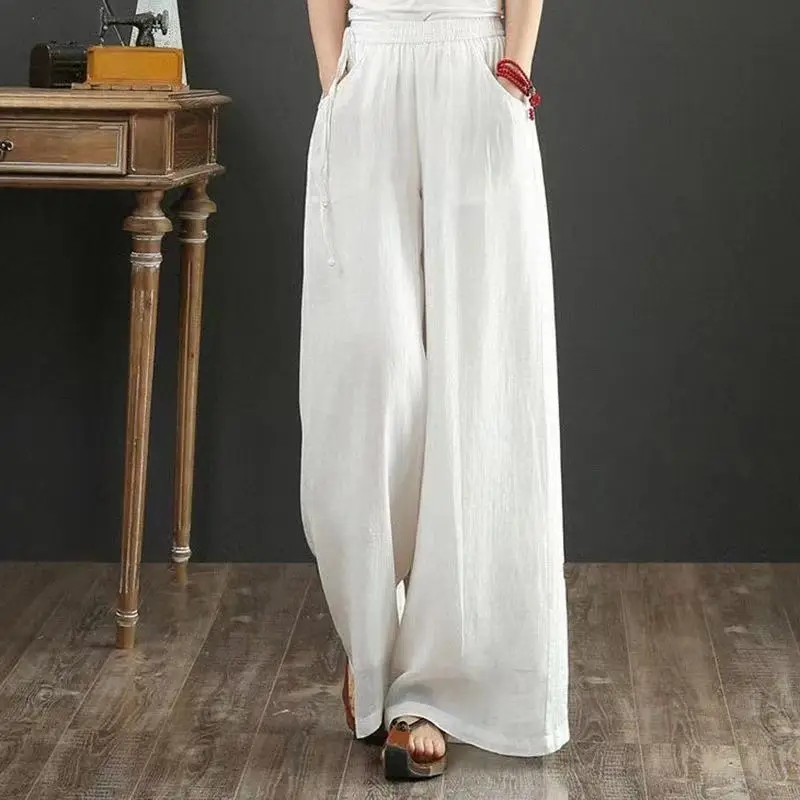 Summer Casual Flax Wide Leg Pants Ladies Solid Color All-match Straight Trousers 2024 New Comfortable High Waist Women Clothing