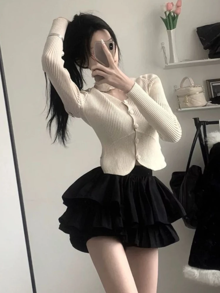 Set due pezzi vintage stile coreano cardigan in maglia con scollo a V + gonna a pieghe torta donna 2025 nuovi abiti moda retrò invernali