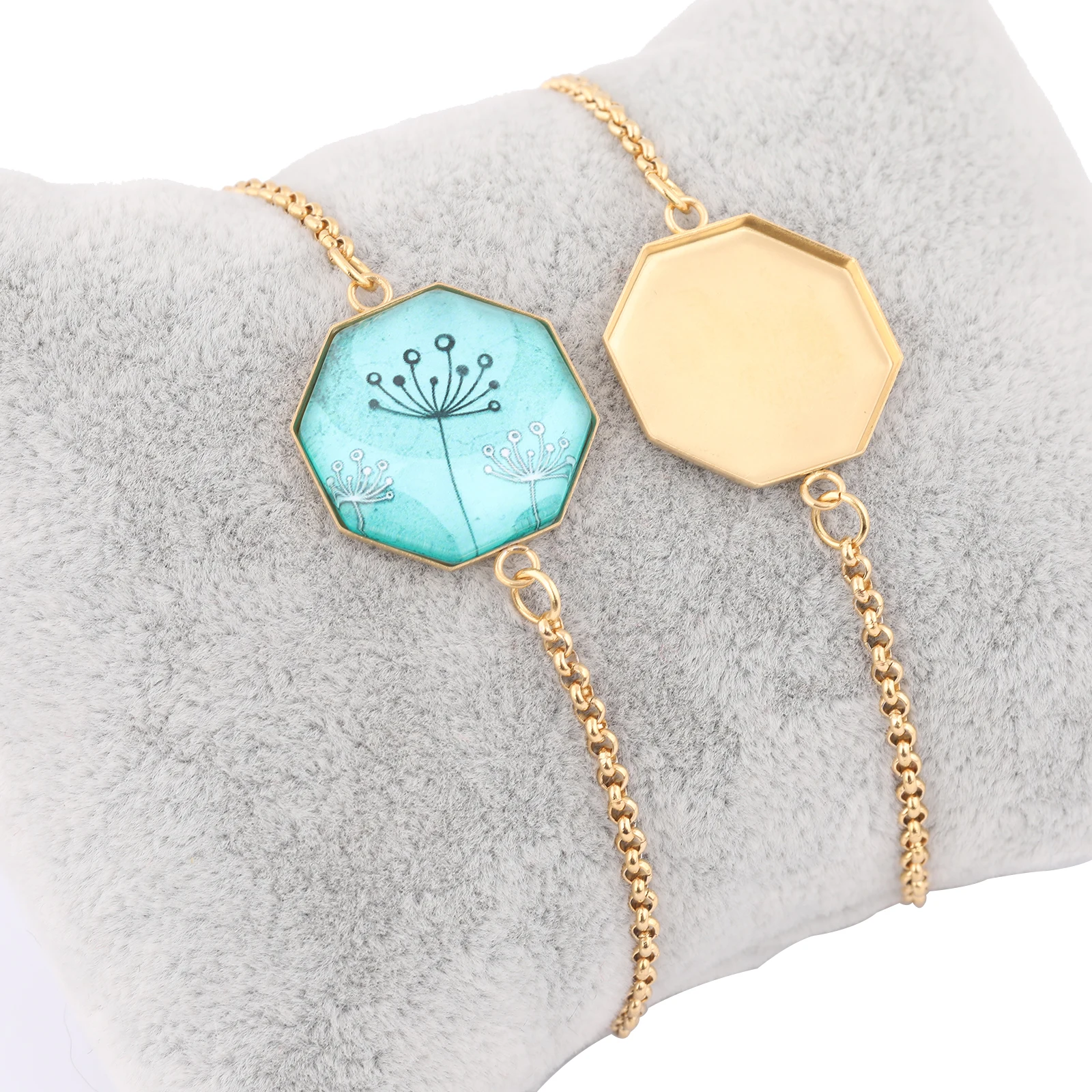3pcs  Fit 17mm Hexagon Cabochon Bracelet Base Settings Diy Stainless Steel Gold Plated Chain Bracelets Bezel Blanks