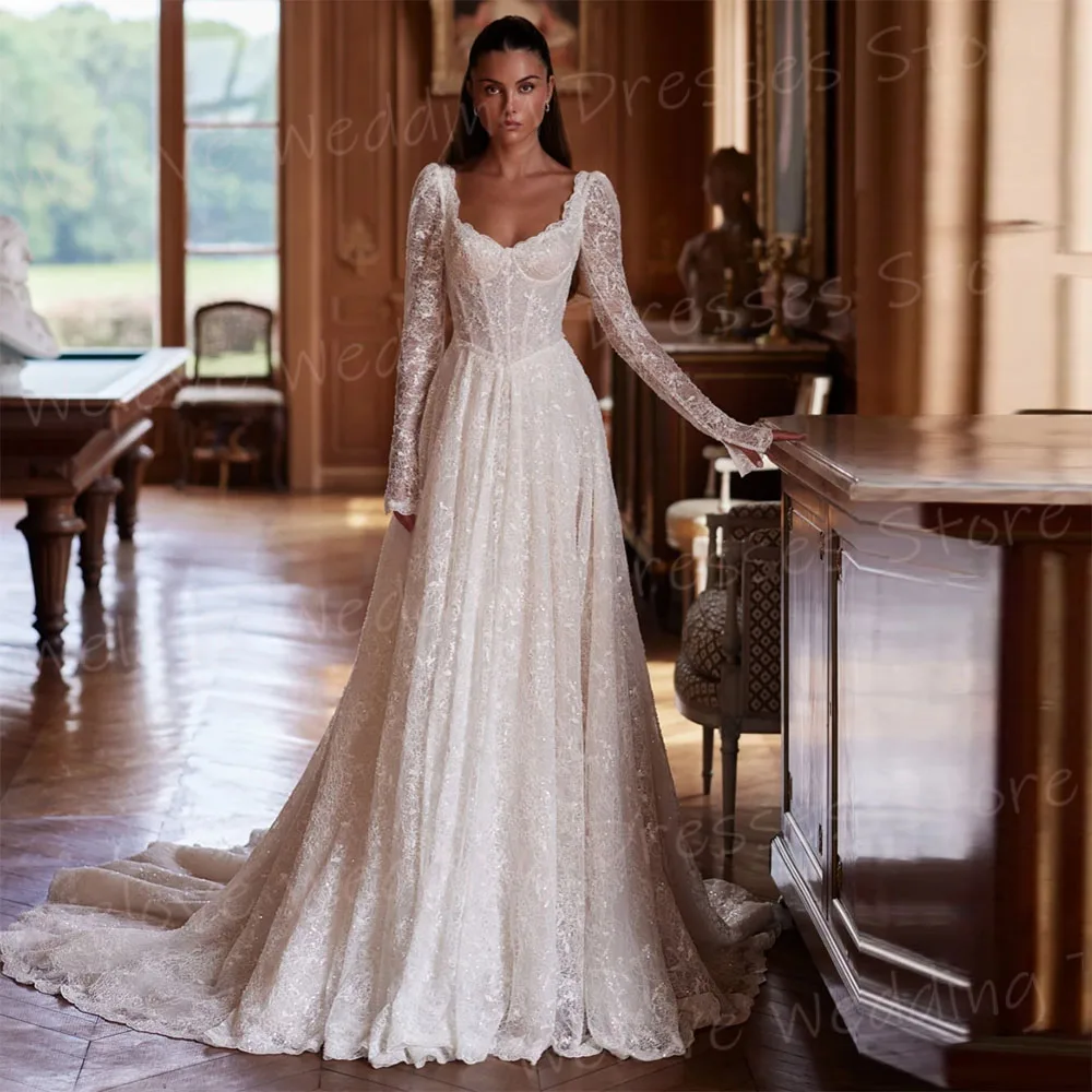 Luxuriöse A-Linie Damen Brautkleider mit glänzender Spitze Robe De Mariée Maßgeschneiderte Brautkleider Langarm rückenfrei Vestido De Novia