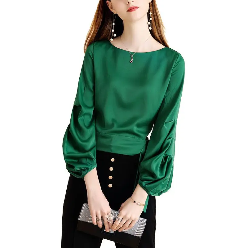 Spring New Green Lantern Sleeve Shirt Women Solid O- Neck Design Feeling Small Folds Drawstring Fashion Pullover Long Sleeve Top