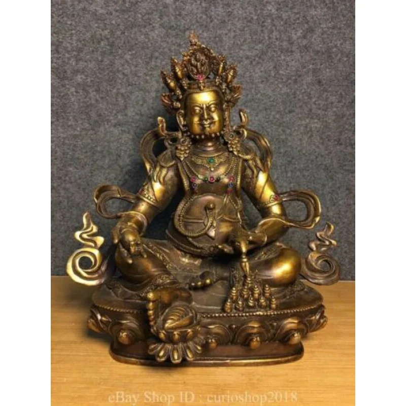 

12.4 " Tibet Buddhism Copper Inlay Gem Yellow Jambhala Wealth God Buddha Statue