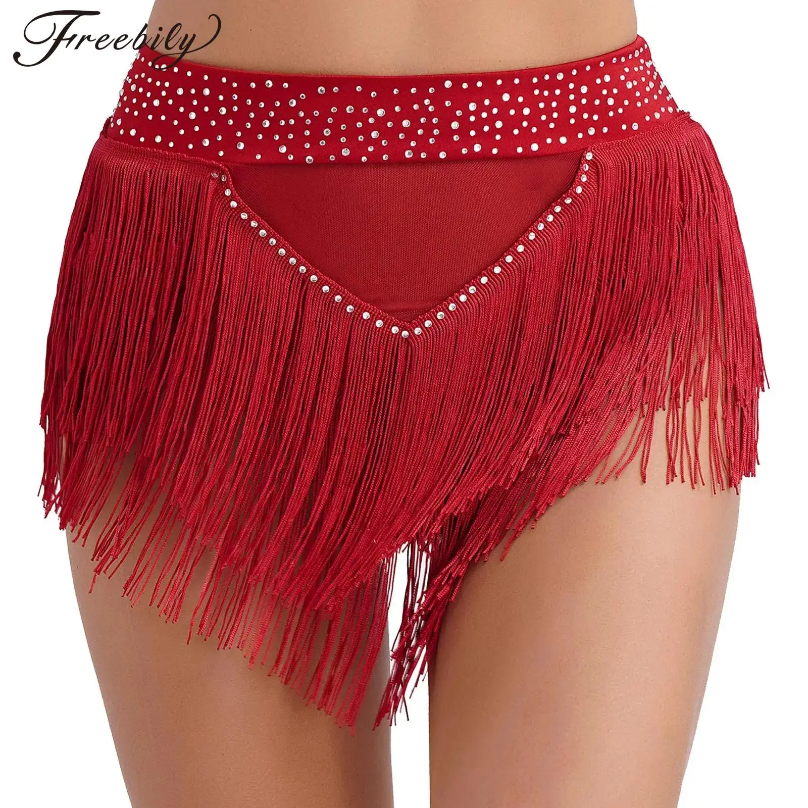 Womens Buikdans Kwastje Rokken Shorts Samba Latin Dancewear Hoge elastische doorzichtige mesh slips Glanzende strass bodems