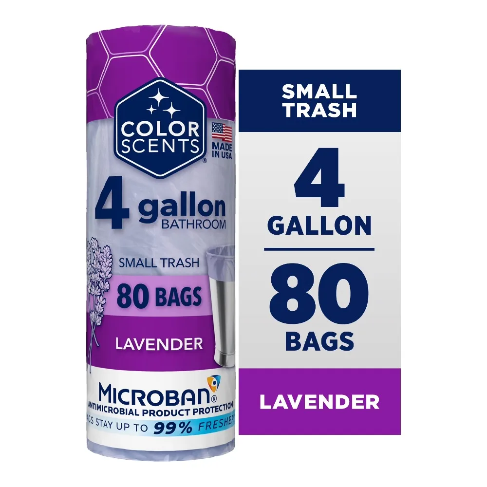 Color Scents 4 Gallon Bathroom Trash Bags Lavender Scent, Microban, Twist Tie, 80 Count