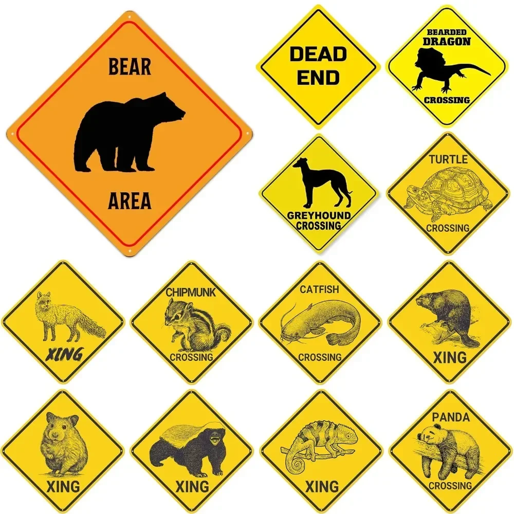 

Metal Yellow Caution Warning Road Street Signs Xing Panda Bear Turtle Crossing Outback Road Street Sign for Gate Farmhouse Decor