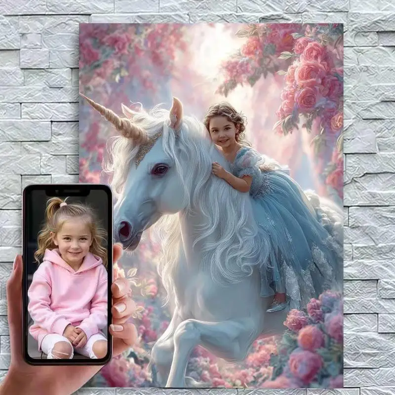 Custom Canvas Painting Personalized Girl Ride White Unicorn Upload Your Photo Fantasy Rose Wall Art Gift Unframed Poster