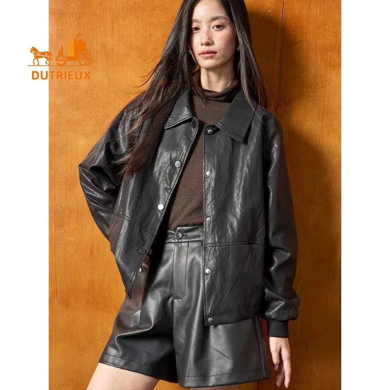 2025년 신상 가을 여성 패션 중간 길이 가죽 재킷, 100% 천연 양가죽, 심플하고 우아한 여성용 코트