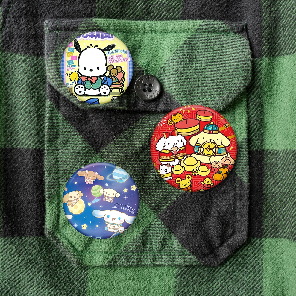Anime Hello Kitty Kuromi Figurka Cinnamoroll Pochacco Melody Odznaka Kreskówkowa Przypinka do Cosplayu Okrągła Broszka z Blachy na Plecak