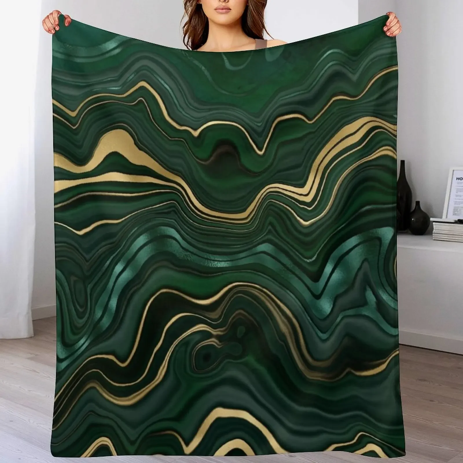 

Malachite Faux Marble Texture With Gold Veins IV Throw Blanket Hair Travel Comforter Warm Blankets