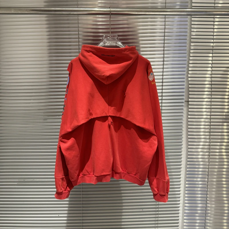 Fake Two Pieces Embroidery Flag Red PROJECT G/R Hole Damaged Zipper Hoodie Men Women Vintage Washed Distressed Loose Pullovers