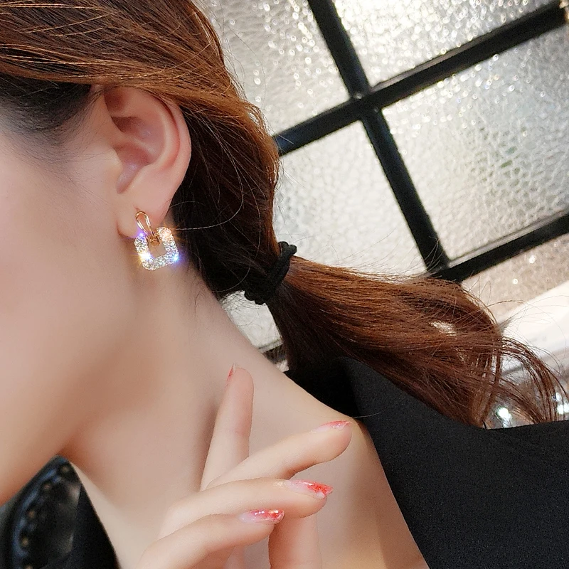 S925 Silver Needle Super Flash Fashion Ear Buckle Temperament Wild Net Red Earrings Geometric Square Rhinestone Earrings Jewelry
