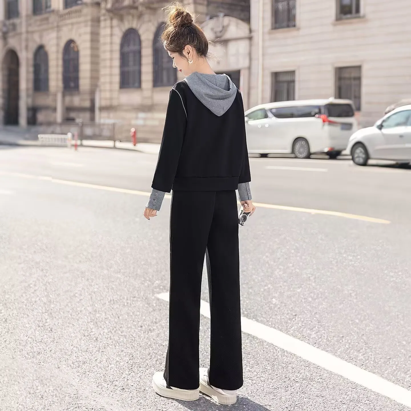Women's Casual Sportswear Set Cotton Simulation Diagonal Stripe Harem Pants Hoodie Two-Piece Spring Autumn Fashion