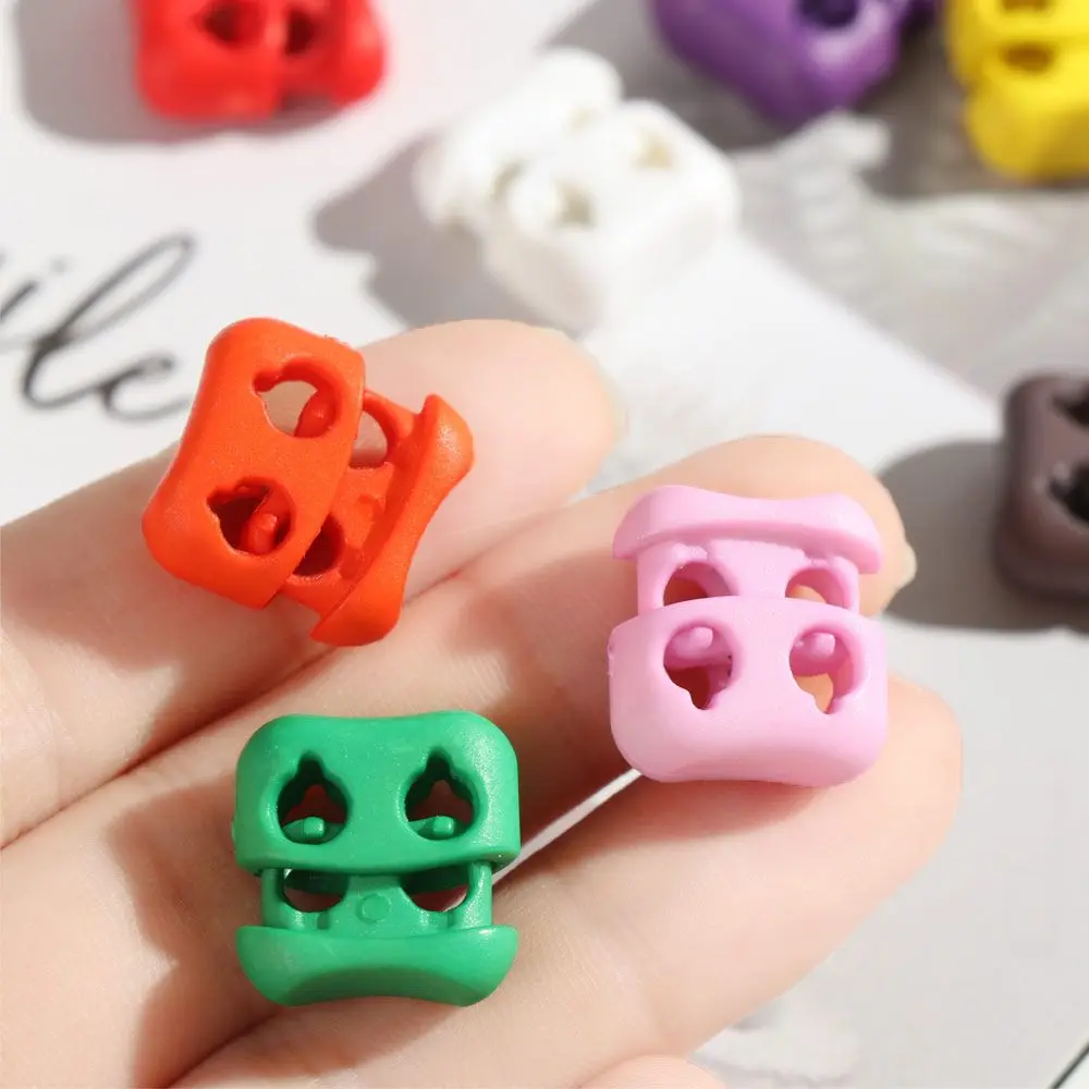 20Pcs Colorful Plastic Stopper Cord Lock 16*16mm Double Hole Bean Toggle Clip 4mm Apparel Shoelace Buckle Sportswear Accessories