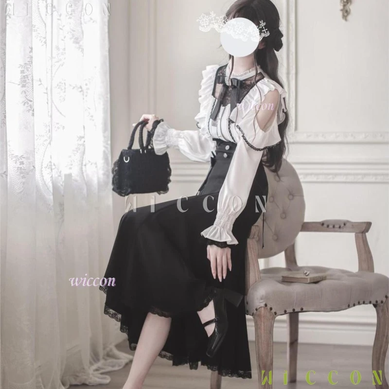 

Japanese Style Mass-Produced Elegant Fishtail Skirt Off-Shoulder Lace Splice Shirt Set Women Cute Date Outfit for Spring Autumn